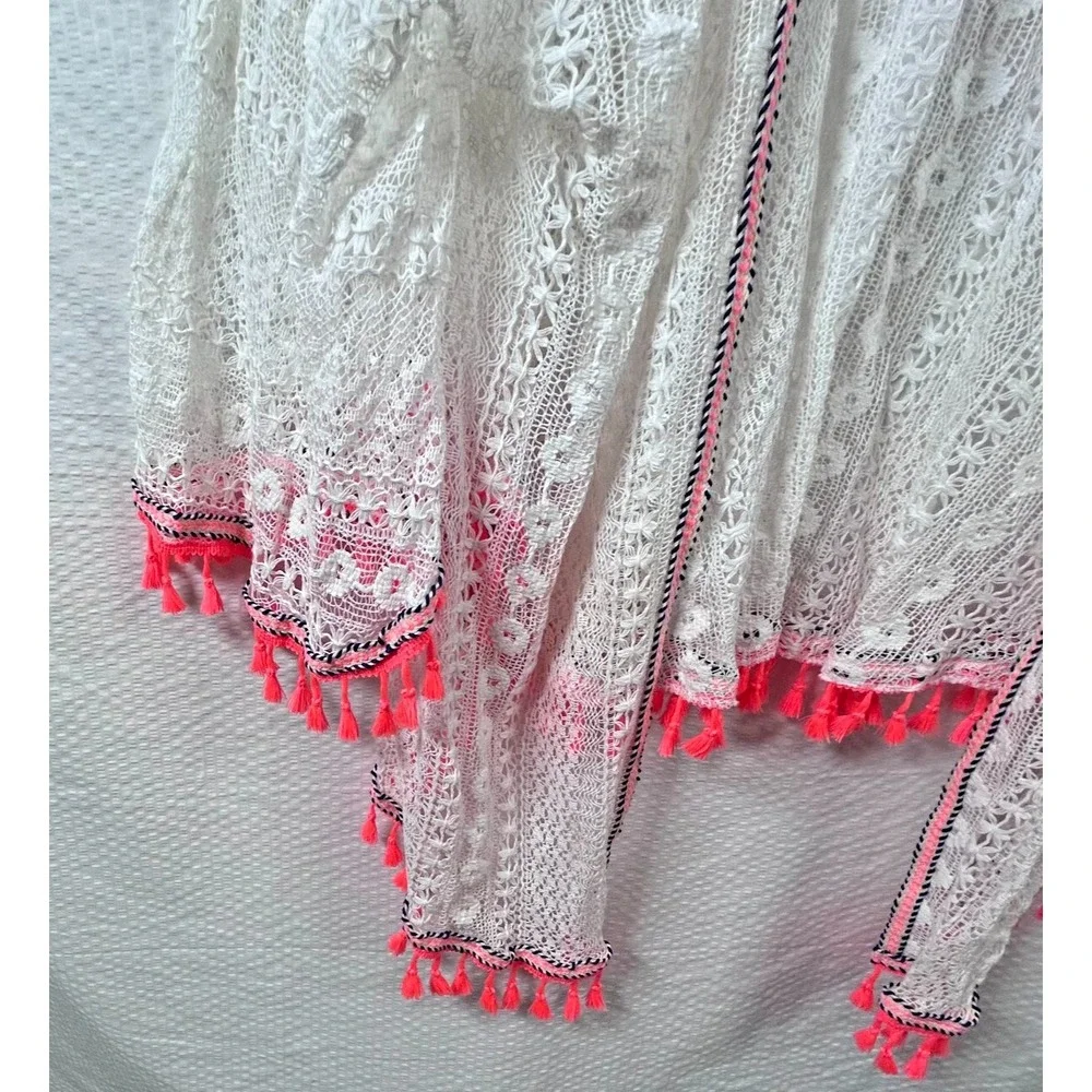 Express White Cotton Crochet‎ Neon Pink Tassels Open Swimsuit Cover Up One Size